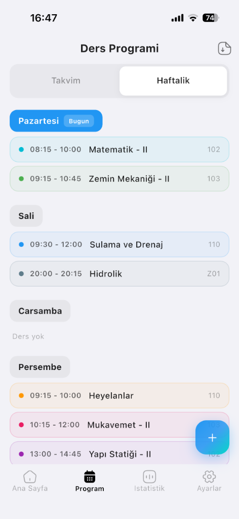 StudyFlow Haftalık Görünüm
